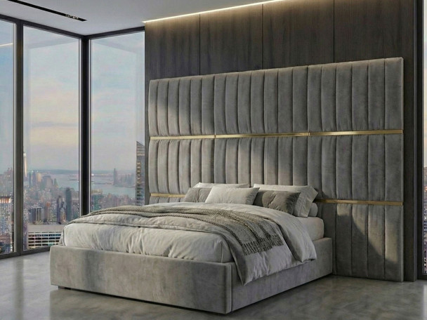 Bespoke grey fabric wall-mounted panels for king size bed frames.