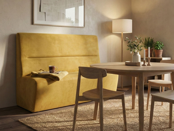 Front view of Willow Booth Seating in bright mustard velvet fabric. Modern dining bench with backrest featuring a horizontal accent line. Perfect for kitchen dining nooks or retro restaurant interiors.