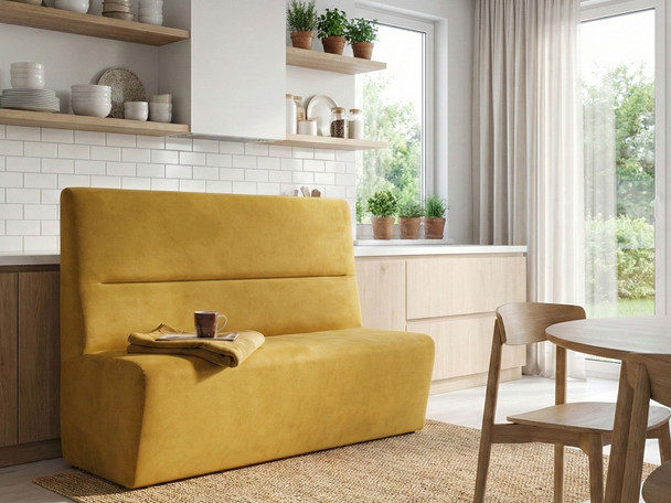 Close up detail of soft luxury mustard velvet upholstery on Willow dining booth. Highlights the high-quality stitching and durable finish suitable for family kitchens or busy diner booth seating.