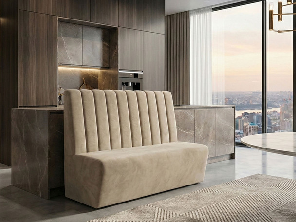 Custom Isabella Fluted Booth Seating, fully assembled, featuring a fluted backrest, available in various sizes and fabrics.