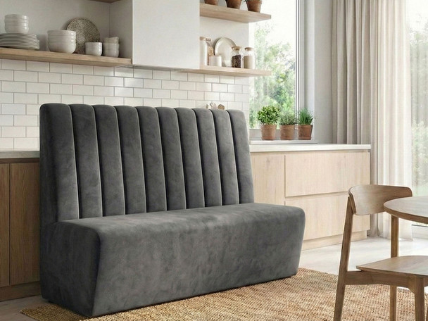 Elegant Isabella Booth Seating with fluted backrest, fully assembled, available in custom sizes and a variety of fabric options.