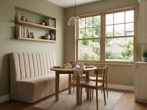 Custom beige velvet upholstered dining booth with deep cushioned seating.