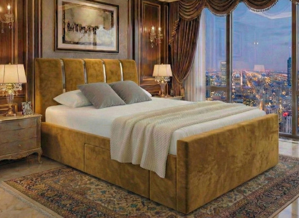 Modern Kaia Fabric Bed Frame with a full-width Jumbo Drawer on castors, customizable with metallic accents, rated 5 stars.