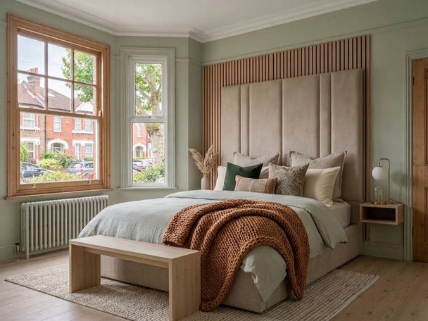 Valerius ottoman storage bed upholstered in premium beige velvet fabric, featuring an extra-high headboard with vertical accent lines.