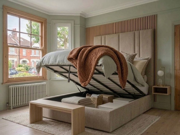 ​Valerius ottoman storage bed upholstered in premium beige velvet fabric, with the gas-lift base opened to reveal the spacious under-bed storage compartment.