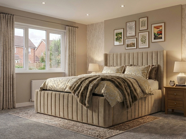 Larissa Extra High Wingback Ottoman Bed in Cream Fabric with Vertical Accent Lines - Made in UK