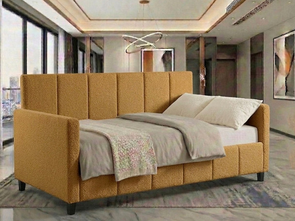 Vibrant mustard yellow boucle fabric Aspen Day Bed with a stylish, textured finish. A comfortable and contemporary sleeper sofa handcrafted to order in the UK.