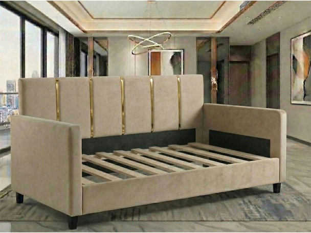 Savannah Day Bed frame in beige velvet fabric displaying sturdy solid wood slats base with no mattress.
