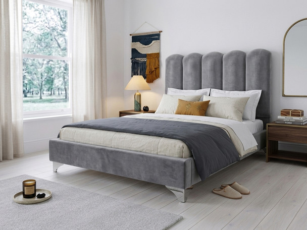 Dune Bubble Upholstered Bed Frame in modern grey velvet fabric, showcasing the tall, vertical scalloped headboard and sleek floating silhouette