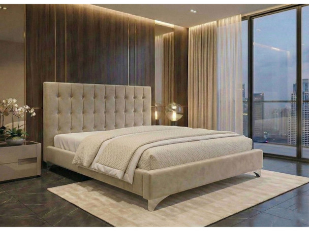 Upholstered Bed Frame in luxury beige velvet fabric with deep buttoned fluted headboard.