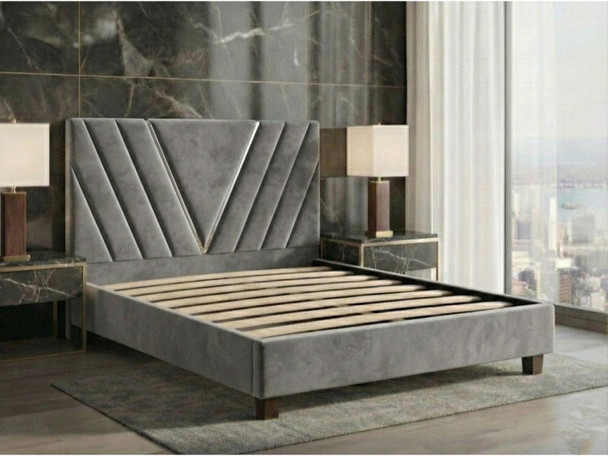 Modern Sequoia Grey Velvet Bed Base displaying sturdy wooden slat system and easy assembly construction.
