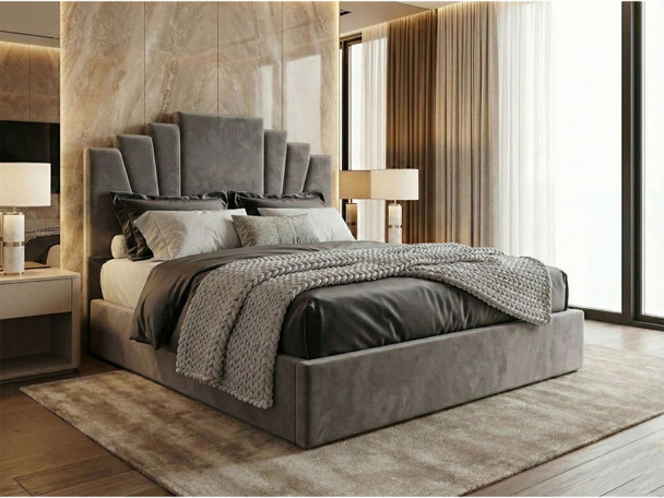 Aztec Ottoman Storage Bed Frame finished in a contemporary grey velvet fabric, showing the low footboard and detailed headboard