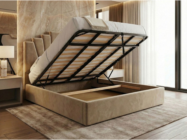 Aztec beige velvet bed with lift mechanism raised, demonstrating the spacious under-bed ottoman storage compartment