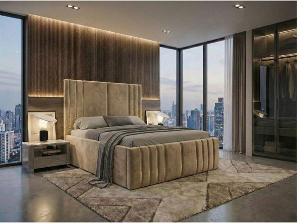 Full view of navy blue velvet ottoman storage bed frame with extra tall headboard