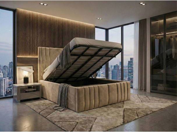 Beige velvet deep storage ottoman bed frame lifted open showing solid base underneath