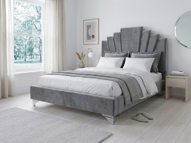 Evren Upholstered Bed Frame in smooth grey velvet fabric, featuring an Art Deco-infused stepped-up headboard with distinct accent lines and a low footboard