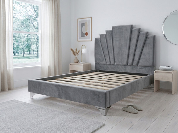 Inside view of the grey velvet Evren Upholstered Bed Frame without a mattress, showcasing the ultra heavy-duty solid wooden slats and central support bar