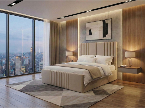 Full view of the handcrafted Sofia Upholstered Bed Frame finished in luxurious cream velvet fabric