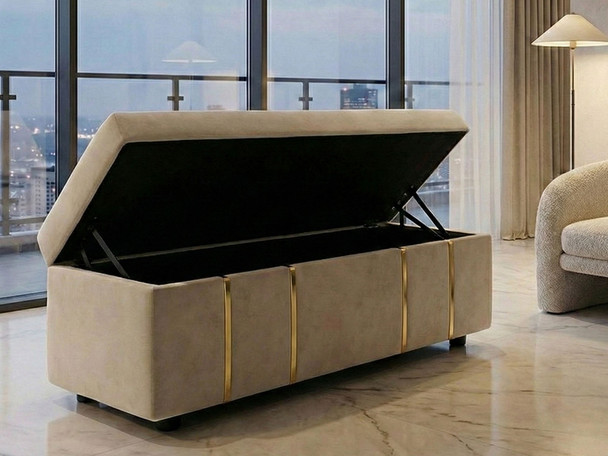 Open Lucía cream velvet ottoman storage bench revealing spacious internal storage compartment for blankets and bedding