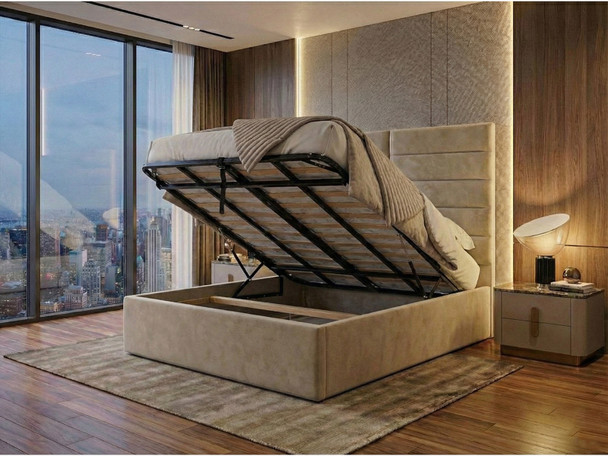 Astraea Ottoman Bed lifted open with gas strut mechanism, revealing extra deep storage space with solid base boards for linen and shoe organization