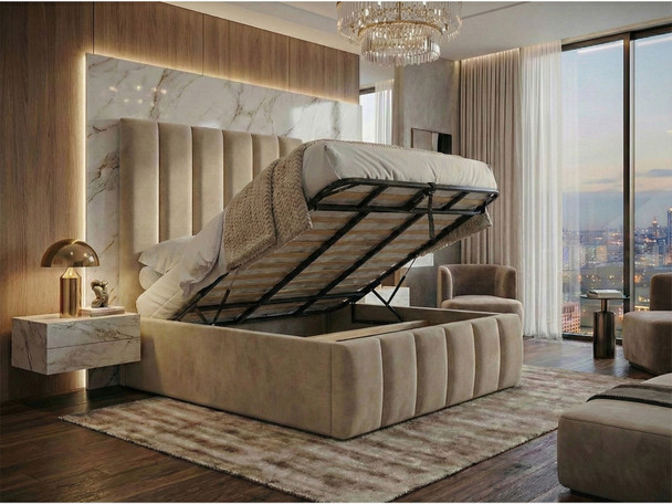 Hush My Bed ottoman frame in open position revealing spacious gas-lift under-bed storage area