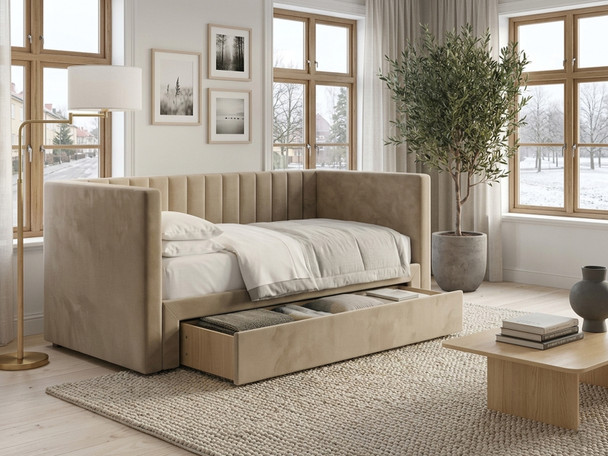 Beige velvet upholstered Basil Day Bed highlighting strong construction, a fluted backrest, and plain padded arms