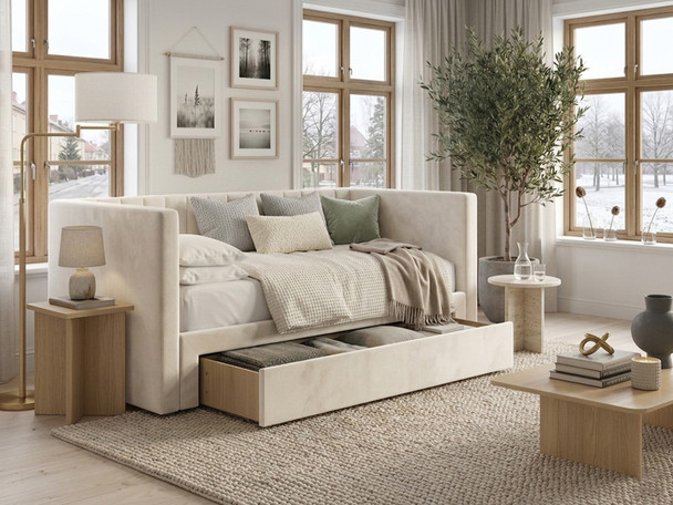 Cream velvet Basil Day Bed by Hush My Bed, featuring an open pull-out jumbo storage drawer perfect for hiding away heavy bedding