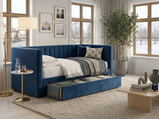 Navy blue velvet Basil Day Bed with the pull-out jumbo drawer open, showcasing spacious under-bed storage on smooth-glide castors