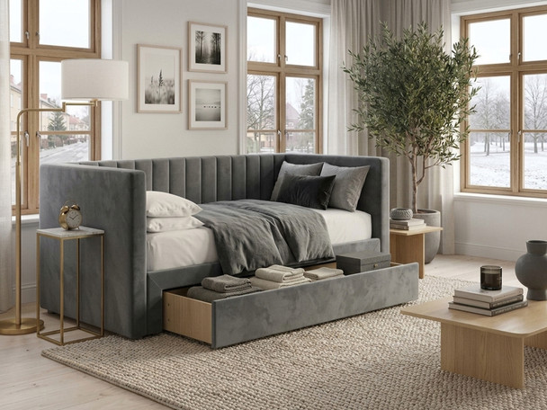 Grey velvet Basil Day Bed featuring elegant vertical fluted accent lines and plain padded arms, handcrafted in the UK by Hush My Bed