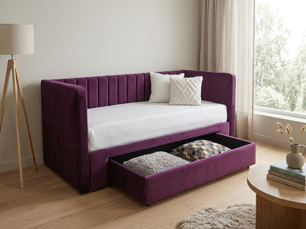 This image shows an amethyst purple velvet Basil Day Bed by Hush My Bed, featuring elegant fluted accent lines and a fully assembled jumbo pull-out storage drawer left open to reveal the space inside.