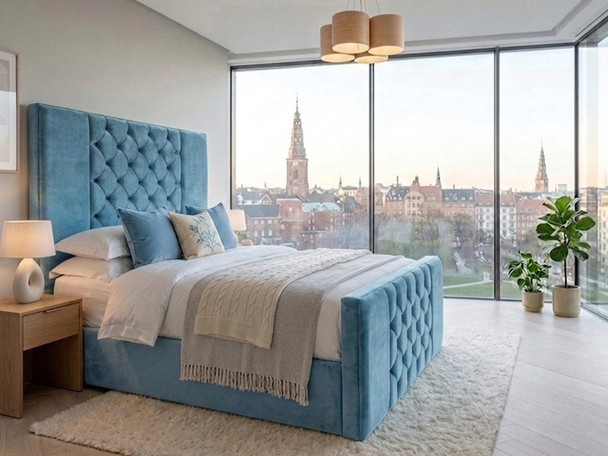 Benita ottoman storage bed frame upholstered in Sky Blue velvet fabric with deep-buttoned headboard