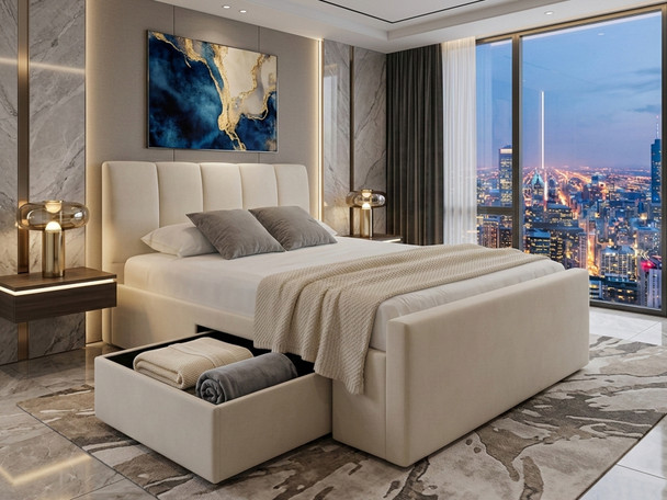 Upholstered bed frame with storage, showing the massive pull-out jumbo drawer extended from the side of the bed base.