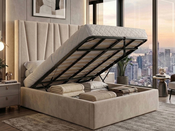 Gas lift ottoman storage bed open showing deep storage space and reinforced steel frame with solid base boards - Hush My Bed