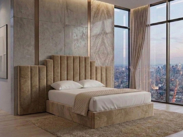 Boutique hotel style king size bed in cream velvet fabric, handcrafted by Hush My Bed in Birmingham.