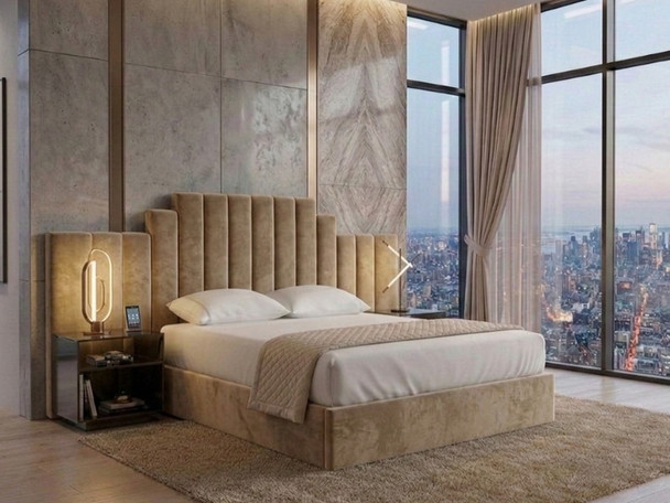 Santina luxury storage bed frame upholstered in premium beige velvet, featuring a fluted headboard with side panels.