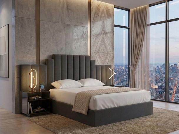 Modern upholstered grey velvet ottoman bed frame with a high bespoke fluted headboard for a contemporary bedroom
