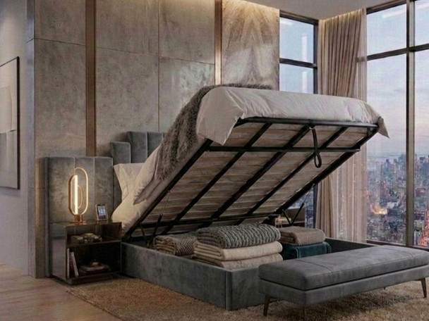 Double grey velvet ottoman storage bed in open position demonstrating the easy-grip gas lift mechanism and deep under-bed storage.