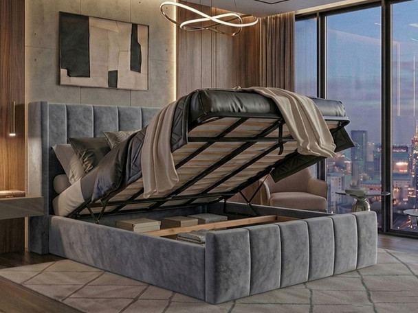 Martina grey velvet king size ottoman bed frame open showing large underbed storage area and heavy-duty steel lifting mechanism.
