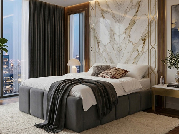 Rosa deep storage ottoman bed in grey plush velvet featuring vertical fluted side rails and a solid base handcrafted in the UK