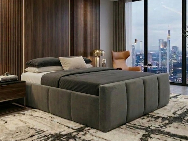 Close-up of a bespoke grey fabric ottoman storage bed frame, handcrafted by Hush My Bed in Birmingham with reinforced structural support.