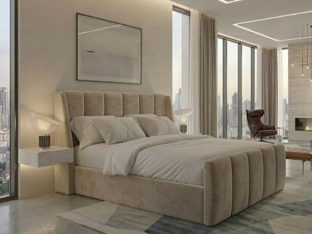 Luxury beige velvet bed frame with fluted upholstery and heavy-duty steel support bars.