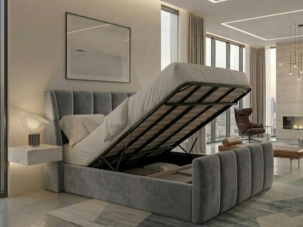 Handcrafted grey velvet ottoman storage bed with heavy-duty gas lift mechanism and solid base boards.