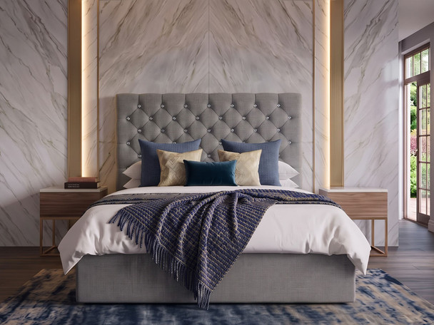 Luisa ottoman storage bed in Steel Atlanta Soft Teddy, front view, with deep diamond tufted headboard, diamante buttons and low footboard