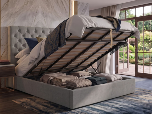 Luisa ottoman bed in Steel Atlanta Soft Teddy with the gas-lift base open, showing the large storage area underneath