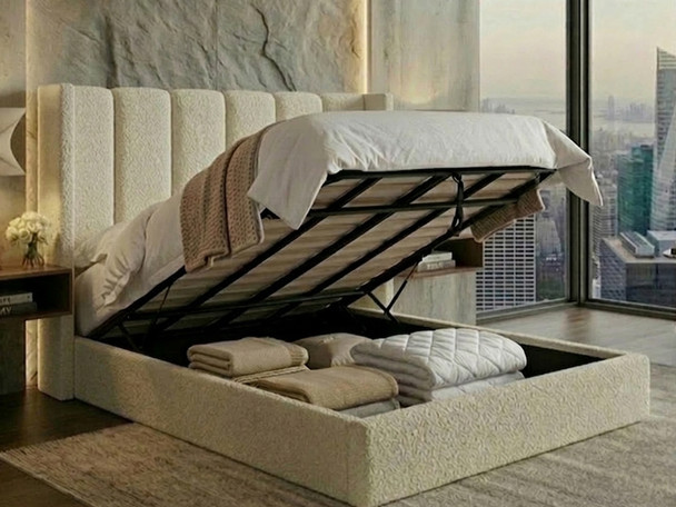 Natural Fabric Storage Bed Open Showing Solid Base Boards and Triple-Reinforced Ottoman Frame