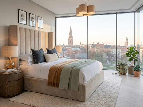 Adele Ottoman Storage Bed Frame upholstered in soft beige velvet, highlighting the bespoke wing headboard design and heavy-duty frame construction