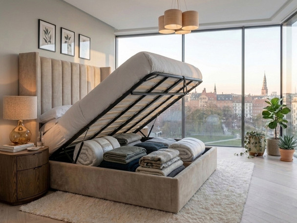 Adele Ottoman Storage Bed Frame in beige velvet, with the sprung slat mattress platform elevated to display the full internal ottoman storage solution