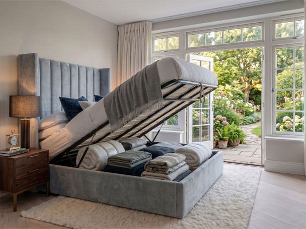 Adele wingback ottoman storage bed in silver armour fabric shown with the base lifted to reveal the internal storage area.