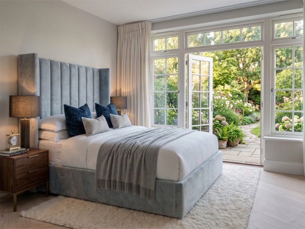 Main hero view of the Adele wingback ottoman storage bed upholstered in silver armour fabric, featuring evenly spaced deep accent lines on the headboard and a low footboard.
