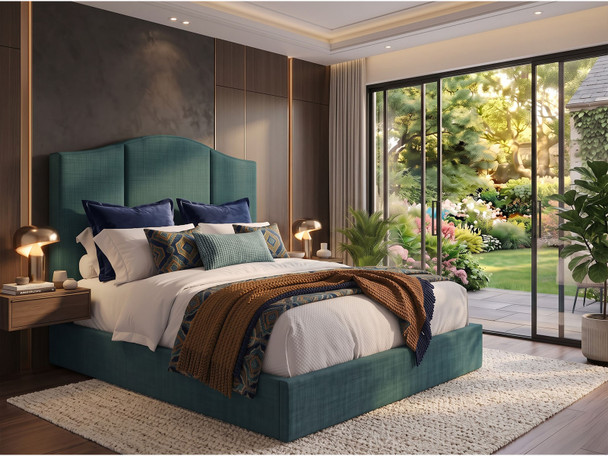 Side view of the Bruno Ottoman bed in teal fabric, highlighting the arched headboard profile and low footboard.